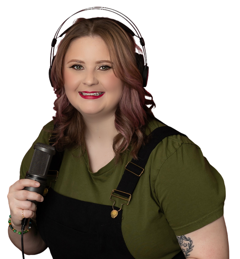 Lacey Deline smiling, wearing headphones and holding a studio microphone